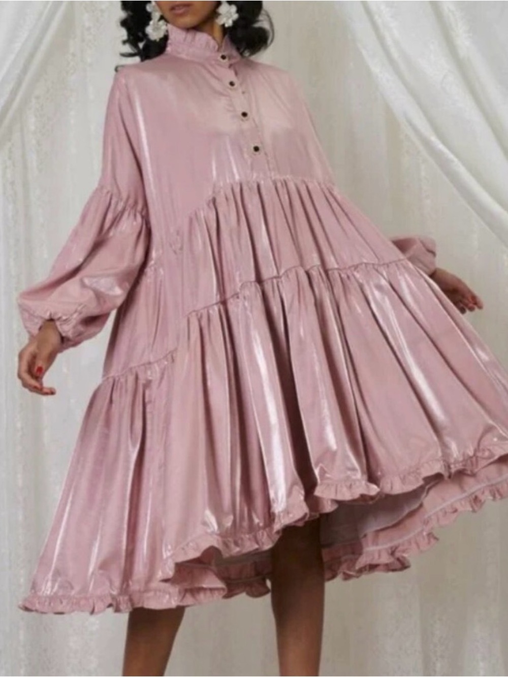 Soft Pink High-Low Tiered Midi Dress with Balloon Sleeves